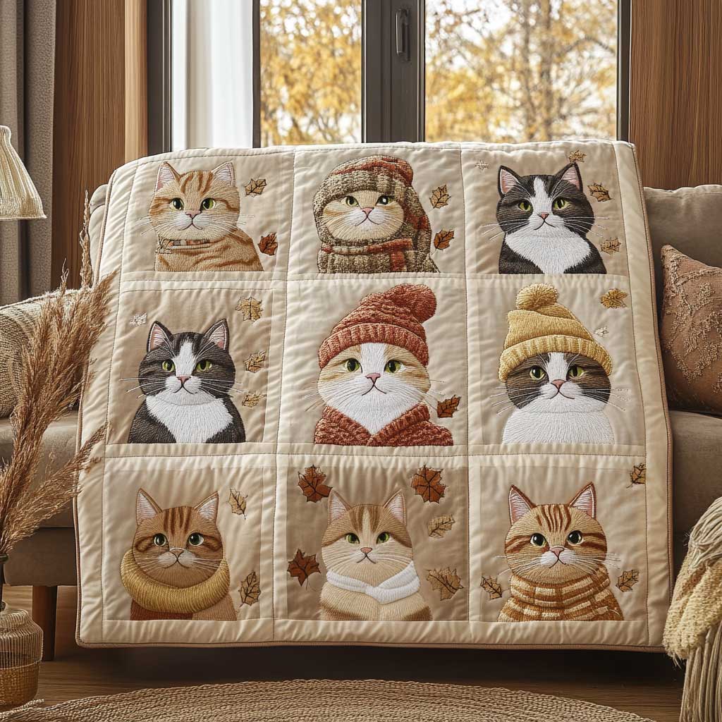 Adorable Cat In Autumn Quilt Blanket Presents For Cat Lovers